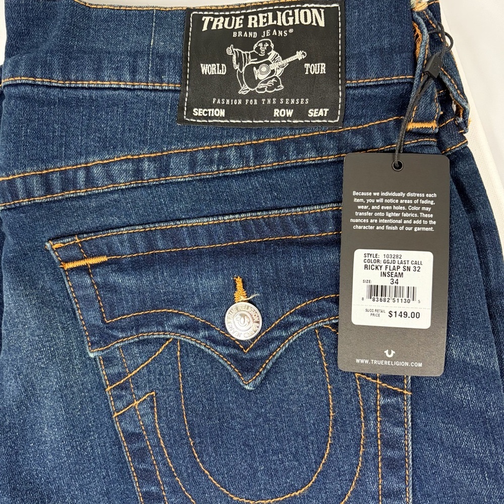 True Religion Ricky Flap Jeans Mens 34x32 Relaxed Straight Dark Wash - Picture 12 of 14